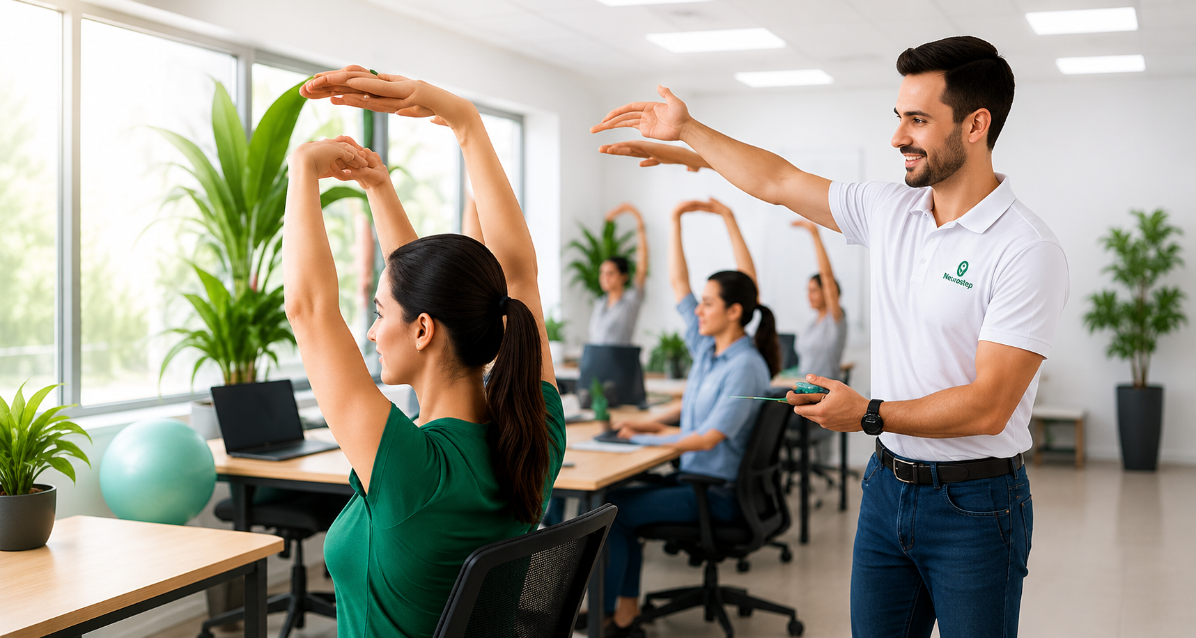 Simulação de ginástica laboral num ambiente de escritório